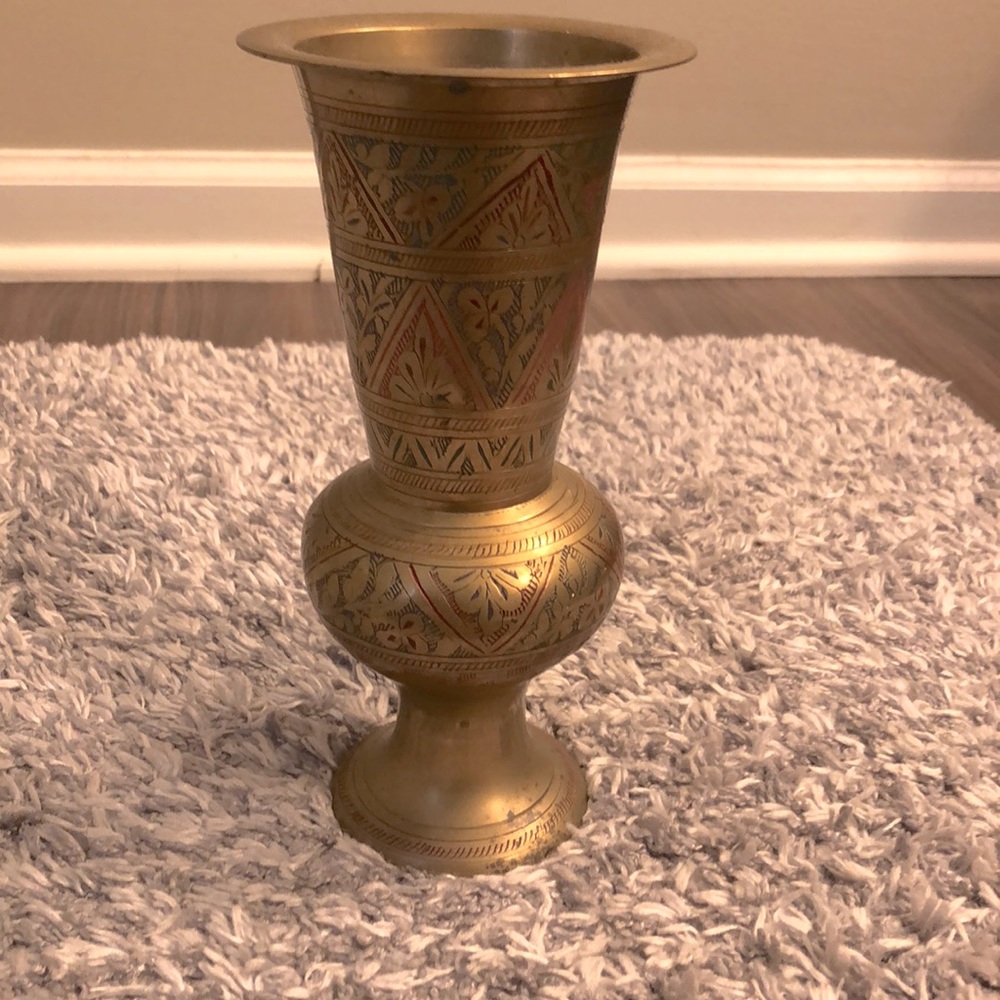 Brass Plated Indian Vase, Engraved with floral pattern